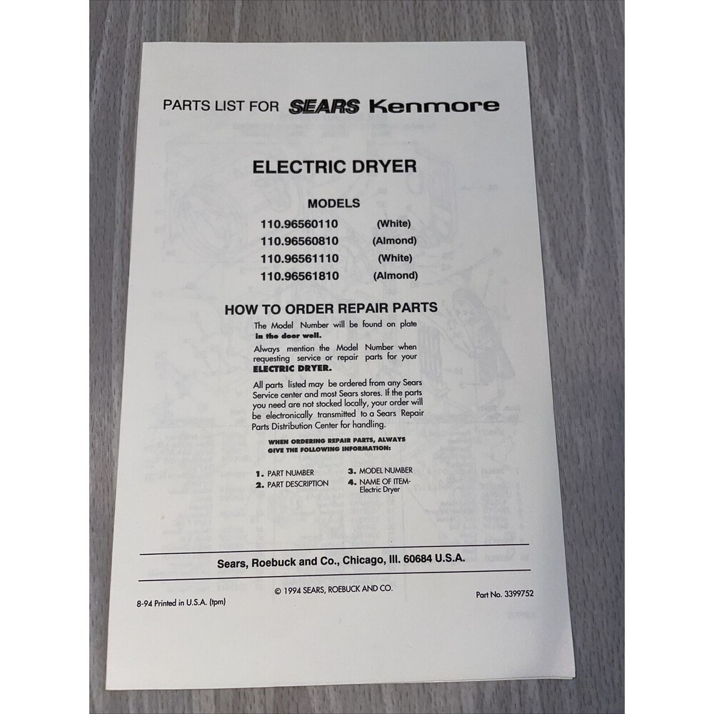 1994 Owners Manual Sears Kenmore Dryer Models 65601 65611 75601 75611
